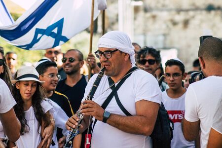 Jerusalem Israel October 06, 2019 View of unknown Israeli people playing music for a religious ceremony at the entry of the Western wall in the Old city of Jerusalem in the afternoonのeditorial素材