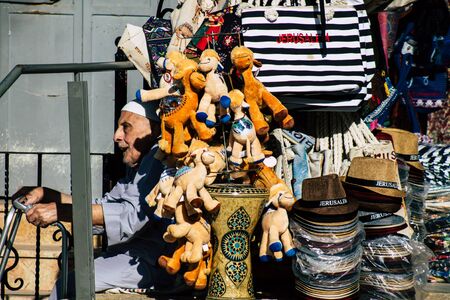 Jerusalem Israel October 06, 2019 Closeup of decorative objects sold in a souvenirs shop at the bazaar of the Old city of Jerusalem in the morningのeditorial素材