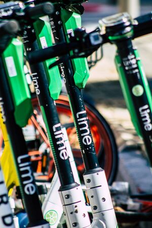 Tel Aviv Israel February 20, 2020 View of an electric scooter parked in the streets of Tel Aviv in the afternoonの写真素材