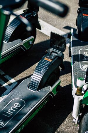 Tel Aviv Israel February 20, 2020 View of an electric scooter parked in the streets of Tel Aviv in the afternoonの写真素材