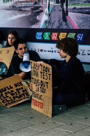Tel Aviv Israel February 21, 2020 View of unidentified Israeli teenagers demonstrating in front of the Tel Aviv town hall against global warming and supporting Greta Thunbergのeditorial素材