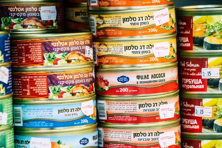 Tel Aviv Israel February 25, 2020 Closeup of various products sold in a grocery in the streets of Tel Avivの写真素材