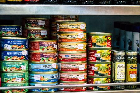 Tel Aviv Israel February 25, 2020 Closeup of various products sold in a grocery in the streets of Tel Avivの写真素材