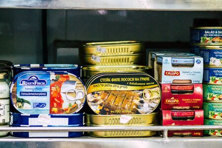 Tel Aviv Israel February 25, 2020 Closeup of various products sold in a grocery in the streets of...