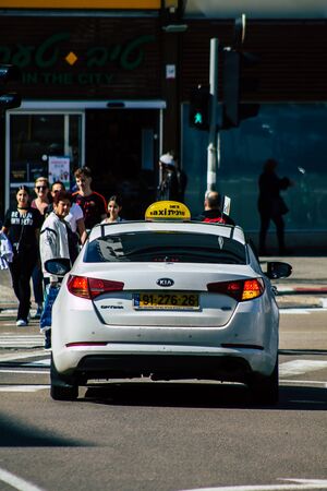 Tel Aviv Israel February 20, 2020 View of traditional Israeli taxi rolling in the streets of Tel...