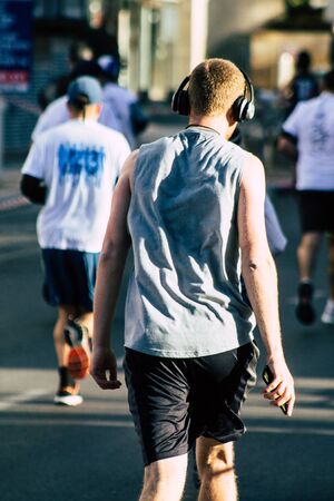 Tel Aviv Israel February 28, 2020 View of unidentified people running the marathon in the streets of Tel Aviv in the morningの写真素材