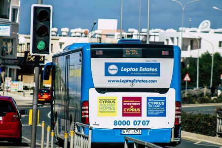 Paphos Cyprus February 29, 2020 View of a traditional public bus rolling in the streets of Paphos in...