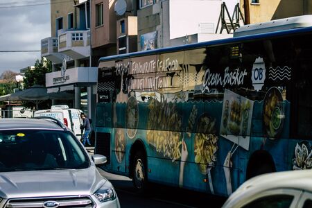 Paphos Cyprus February 29, 2020 View of a traditional public bus rolling in the streets of Paphos in...