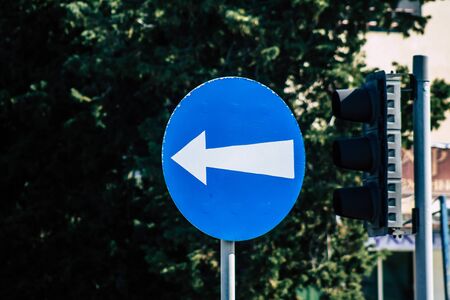 Paphos Cyprus February 29, 2020 View of street sign in the city of Paphos in the afternoonの写真素材