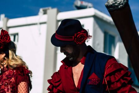 Paphos Cyprus March 01, 2020 View of unidentified people taking part in the Paphos carnival in the afternoonの写真素材