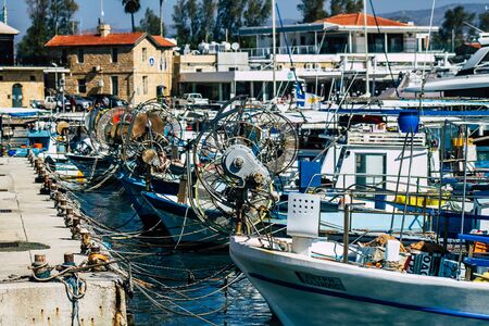 Paphos Cyprus March 01, 2020 View of boats moored in the harbour of Paphos in the afternoonの写真素材