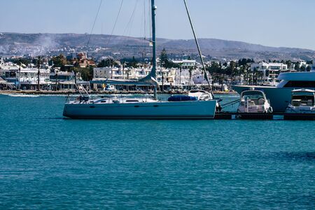 Paphos Cyprus March 01, 2020 View of boats moored in the harbour of Paphos in the afternoonの写真素材