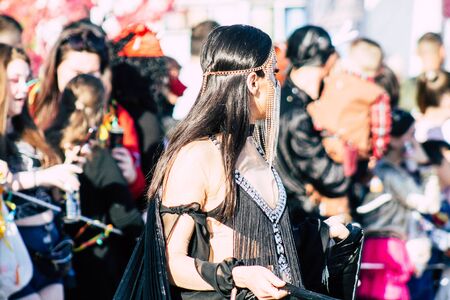 Paphos Cyprus March 01, 2020 View of unidentified people taking part in the Paphos carnival in the afternoonの写真素材