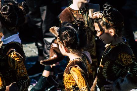 Paphos Cyprus March 01, 2020 View of unidentified people taking part in the Paphos carnival in the afternoonの写真素材