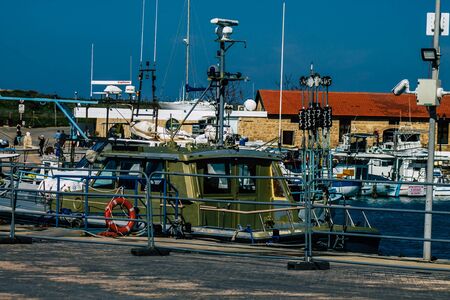 Paphos Cyprus March 01, 2020 View of boats moored in the harbour of Paphos in the afternoonの写真素材
