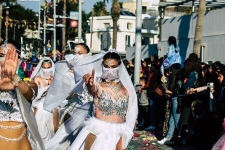 Paphos Cyprus March 01, 2020 View of unidentified people taking part in the Paphos carnival in the afternoonの写真素材