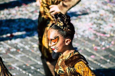 Paphos Cyprus March 01, 2020 View of unidentified people taking part in the Paphos carnival in the afternoonの写真素材