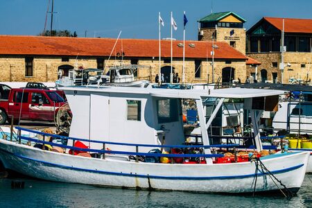 Paphos Cyprus March 01, 2020 View of boats moored in the harbour of Paphos in the afternoonの写真素材