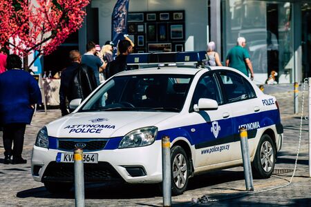 Paphos Cyprus March 01, 2020 View of a police car parked in the streets of Paphos in the afternoonの写真素材