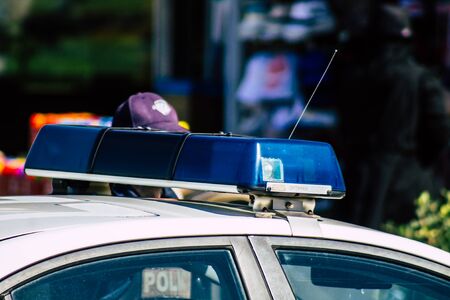 Paphos Cyprus March 01, 2020 View of a police car parked in the streets of Paphos in the afternoonの写真素材