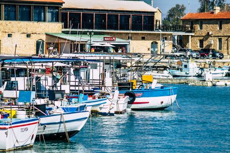 Paphos Cyprus March 01, 2020 View of boats moored in the harbour of Paphos in the afternoonの写真素材