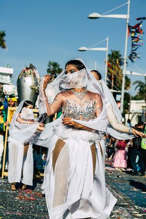 Paphos Cyprus March 01, 2020 View of unidentified people taking part in the Paphos carnival in the afternoonの写真素材