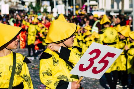 Paphos Cyprus March 01, 2020 View of unidentified people taking part in the Paphos carnival in the afternoonの写真素材