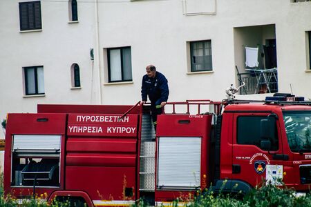Paphos Cyprus March 05, 2020 View of a Cypriot fire truck on a intervention site during a brush fire...