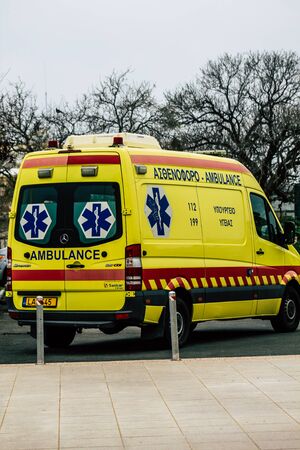 Paphos Cyprus March 05, 2020 View of a traditional ambulance parked in the streets of Paphos in the afternoonの写真素材