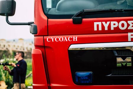 Paphos Cyprus March 05, 2020 View of a Cypriot fire truck on a intervention site during a brush fire...