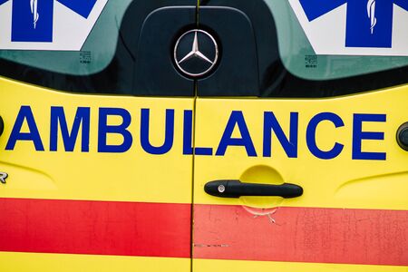 Paphos Cyprus March 05, 2020 View of a traditional ambulance parked in the streets of Paphos in the...