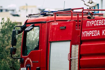 Paphos Cyprus March 05, 2020 View of a Cypriot fire truck on a intervention site during a brush fire near Paphosの写真素材