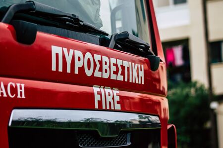 Paphos Cyprus March 05, 2020 View of a Cypriot fire truck on a intervention site during a brush fire...