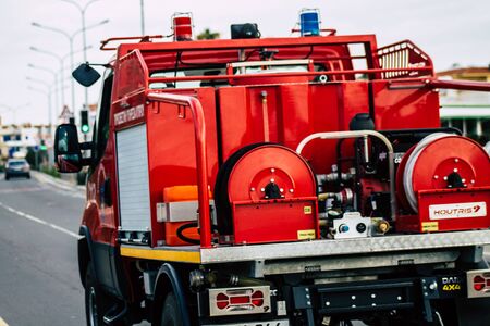 Paphos Cyprus March 06, 2020 View of a Cypriot fire truck rolling in the streets of Paphosの写真素材