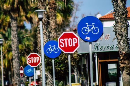 Paphos Cyprus March 06, 2020 View of street sign in the city of Paphos in the afternoonの写真素材
