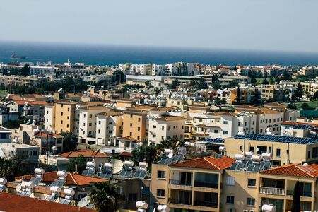 View of a facade of a modern building in the streets of Paphos in the afternoonの写真素材