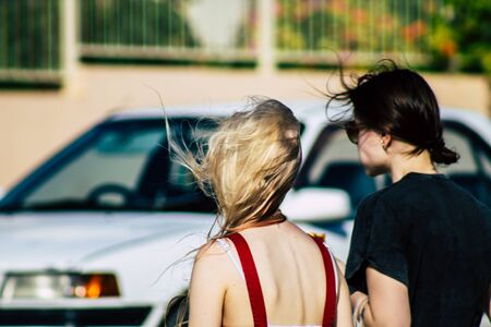 Paphos Cyprus March 09, 2020 View of unidentified people walking in the streets of Paphos in the...