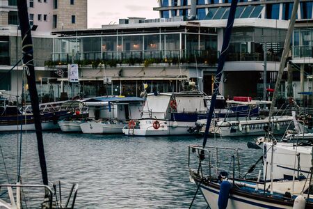 Limassol Cyprus March 12, 2020 View of boats moored in the marina of Limassol during a raining day