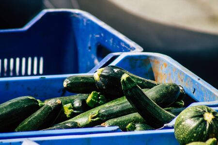View of various vegetables sold at the market of Limassol in the morningの写真素材