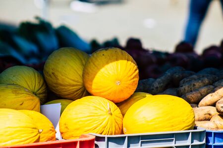 View of various fruits sold at the market of Limassol in the morningの写真素材