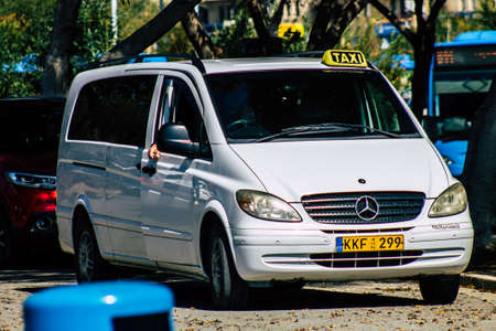 Paphos Cyprus March 11, 2020 View of a traditional Cypriot taxi rolling in the streets of Paphos in...