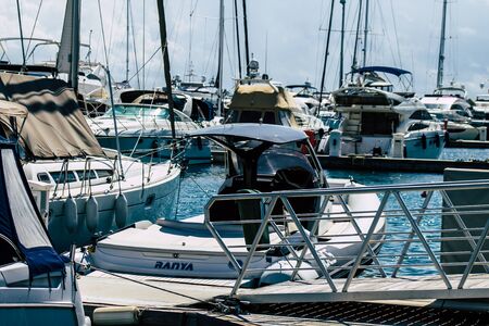 Limassol Cyprus March 17, 2020 Closeup of boats moored in the marina of Limassol in the afternoon
