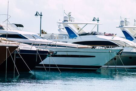 Limassol Cyprus March 17, 2020 Closeup of boats moored in the marina of Limassol in the afternoonの写真素材