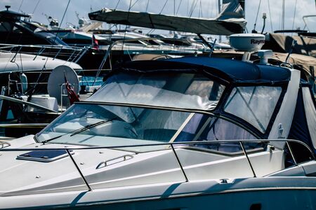 Limassol Cyprus March 17, 2020 Closeup of boats moored in the marina of Limassol in the afternoonの写真素材