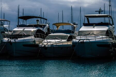 Limassol Cyprus March 17, 2020 Closeup of boats moored in the marina of Limassol in the afternoon