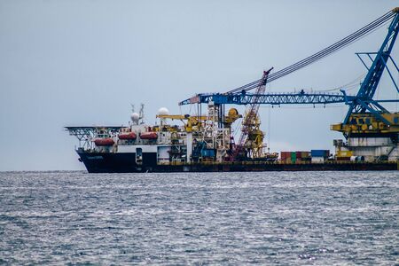 Limassol Cyprus March 20, 2020 View of a ship off the Cypriot coast facing the city of Limassol in...