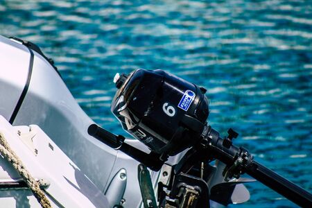 Limassol Cyprus March 24, 2020 Closeup of a motor of a boat moored in the marina of Limassol in...