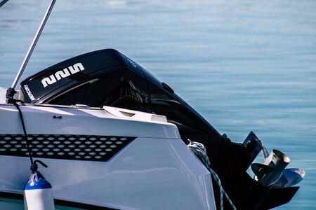 Limassol Cyprus March 24, 2020 Closeup of a motor of a boat moored in the marina of Limassol in...