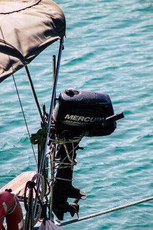Limassol Cyprus March 24, 2020 Closeup of a motor of a boat moored in the marina of Limassol in...