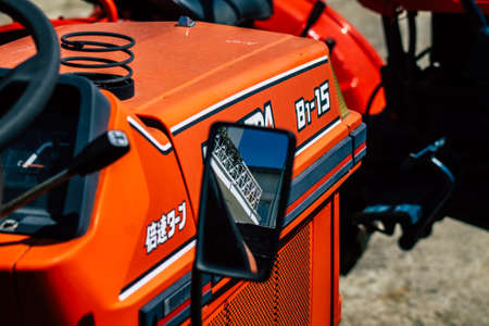 Limassol Cyprus March 24, 2020 Closeup of Kubota tractor parked in the street of Limassol in Cyprus...